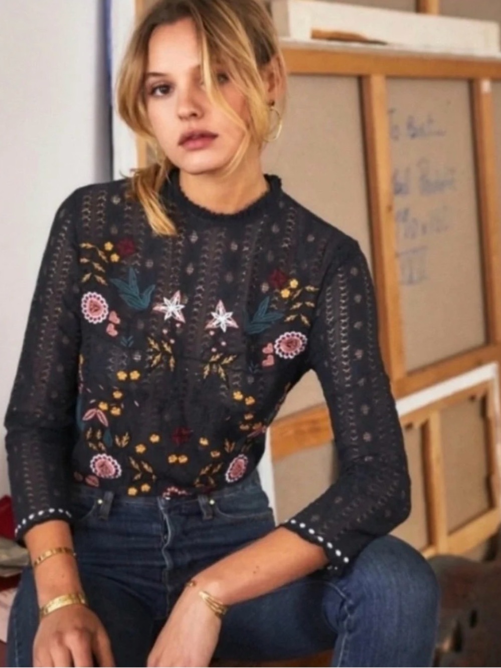 RARE Sezane Garance embroidered lace blouse FR36/S